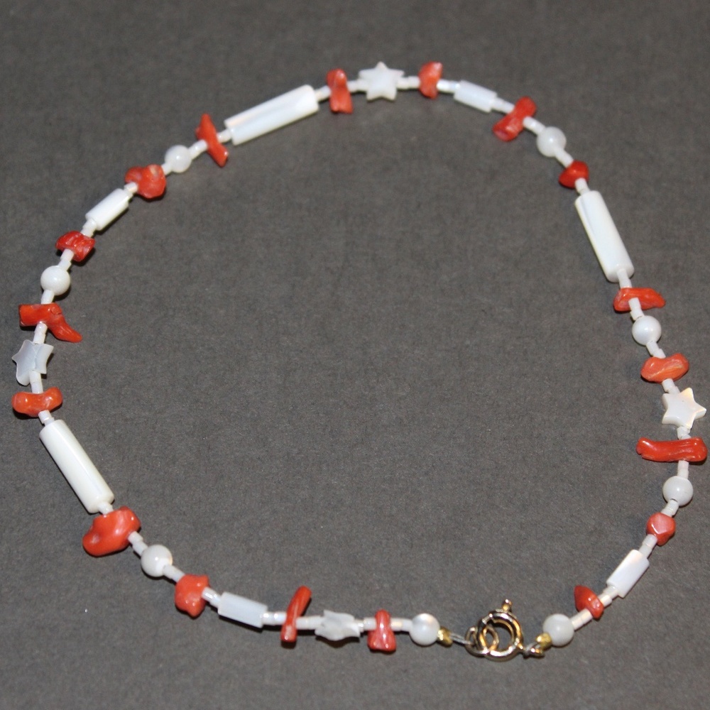 Handcrafted Coral and Abalone Beaded Anklet, 10.5 inches flat